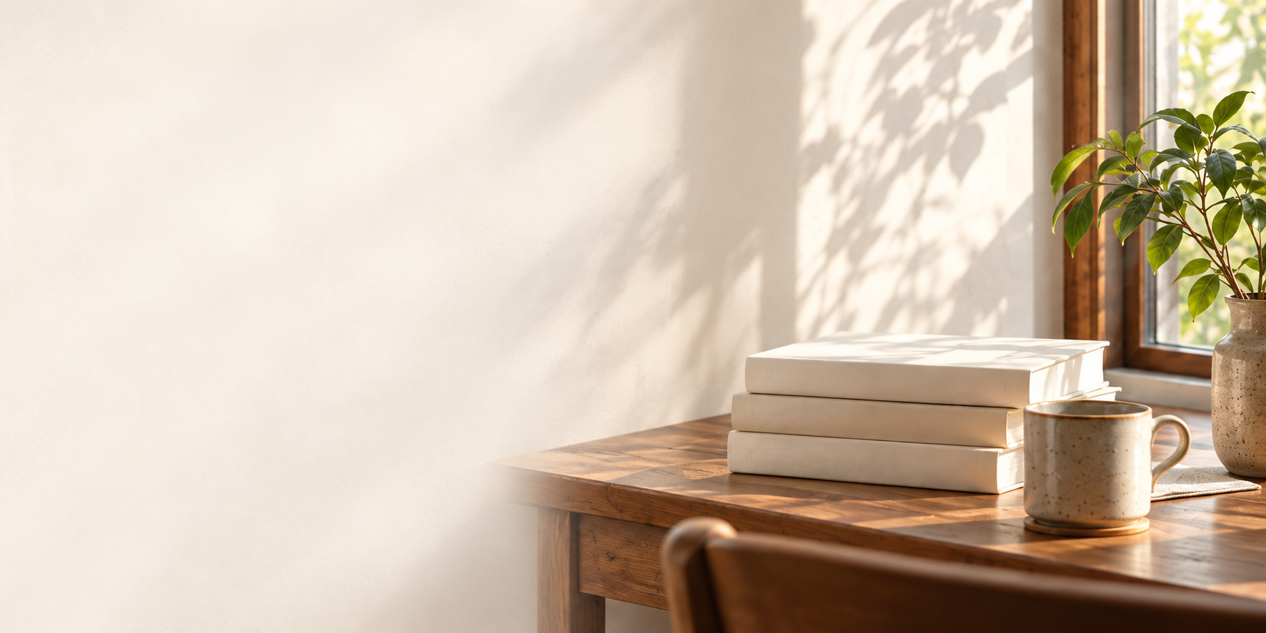 窗邊書桌上的書本、陶杯與綠色植物，映著柔和日光